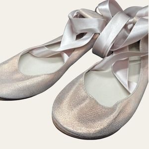 Ele Handmade Shoes 42 Round Ballet Flats Lace Up Ribbon Rose Gold Pink Leather